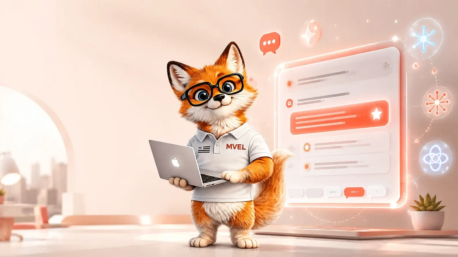 La mascotte renard de Ma Vitrine En Ligne devant une fenêtre de conversation avec une intelligence artificielle
