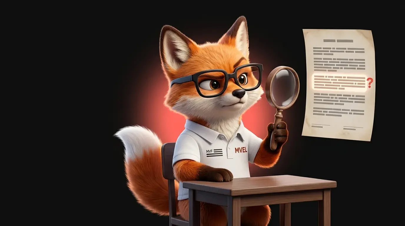 La mascotte renard de Ma Vitrine En Ligne examine un document à la loupe, assise à un bureau