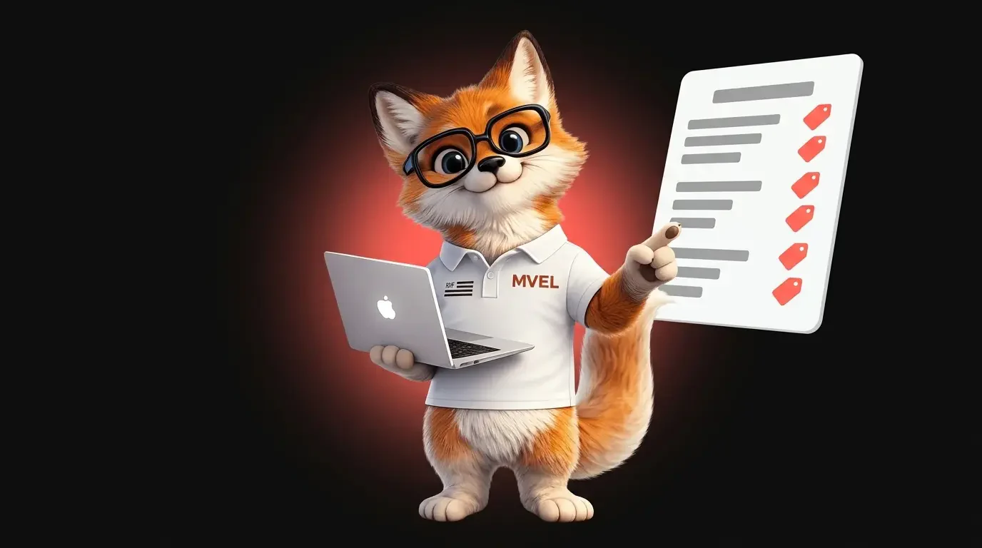 La mascotte renard de Ma Vitrine En Ligne présente une liste de prix, ordinateur en main