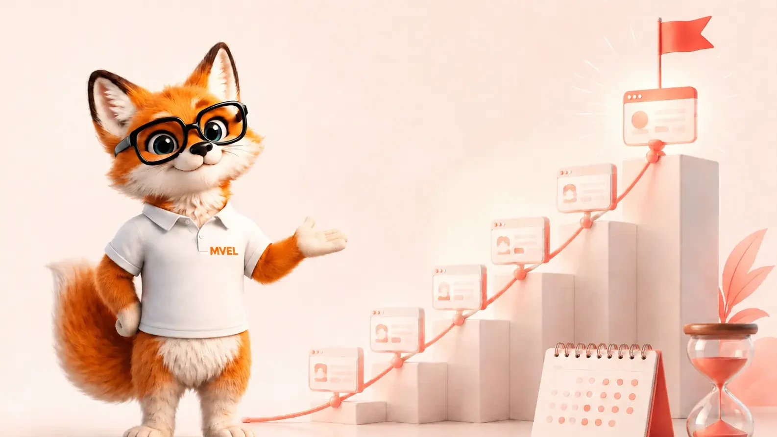 La mascotte renard de Ma Vitrine En Ligne devant des marches qui montent vers un drapeau, près d'un sablier et d'un calendrier