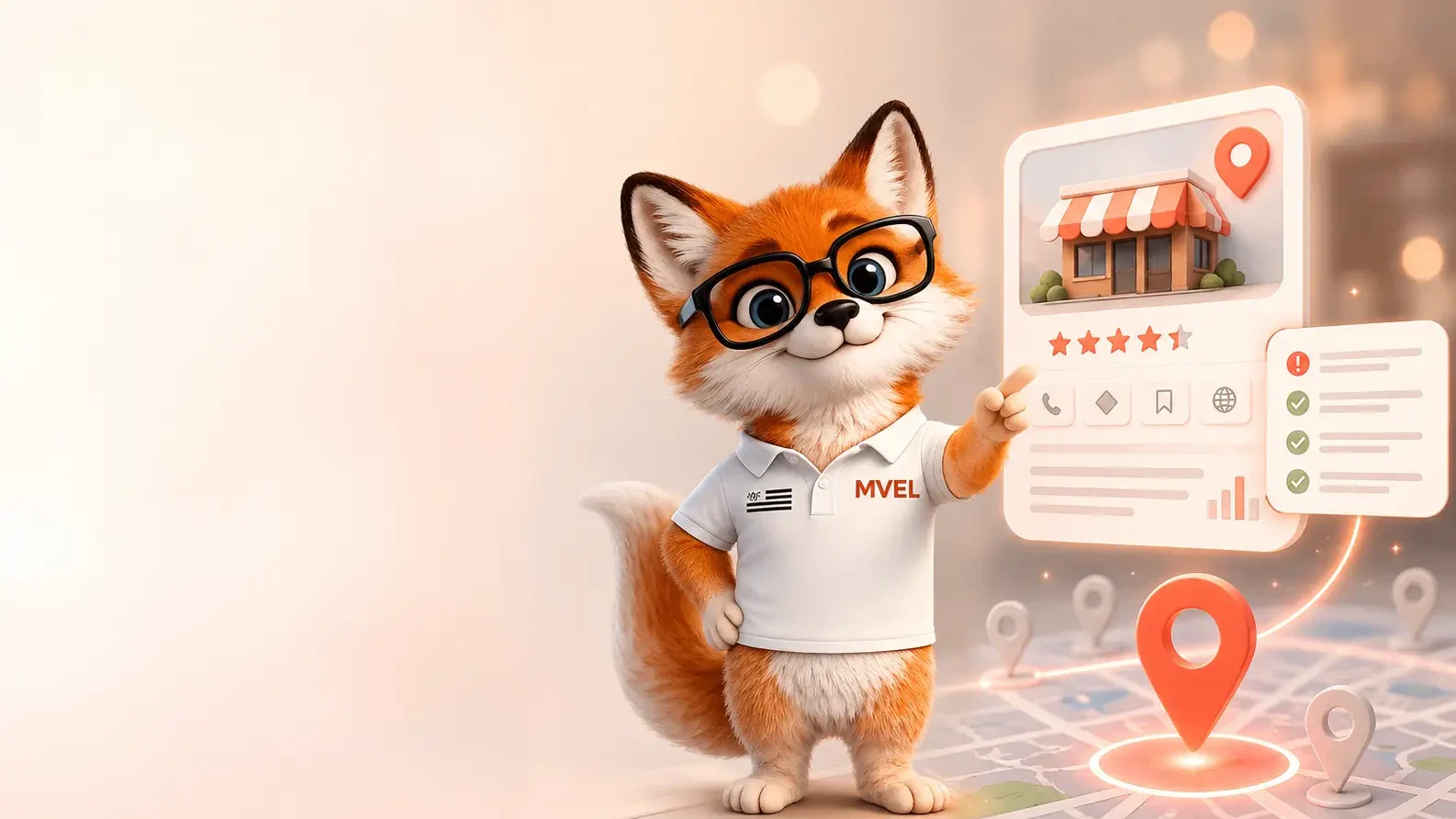 La mascotte renard de Ma Vitrine En Ligne montre une fiche d'établissement avec des avis et un repère de carte