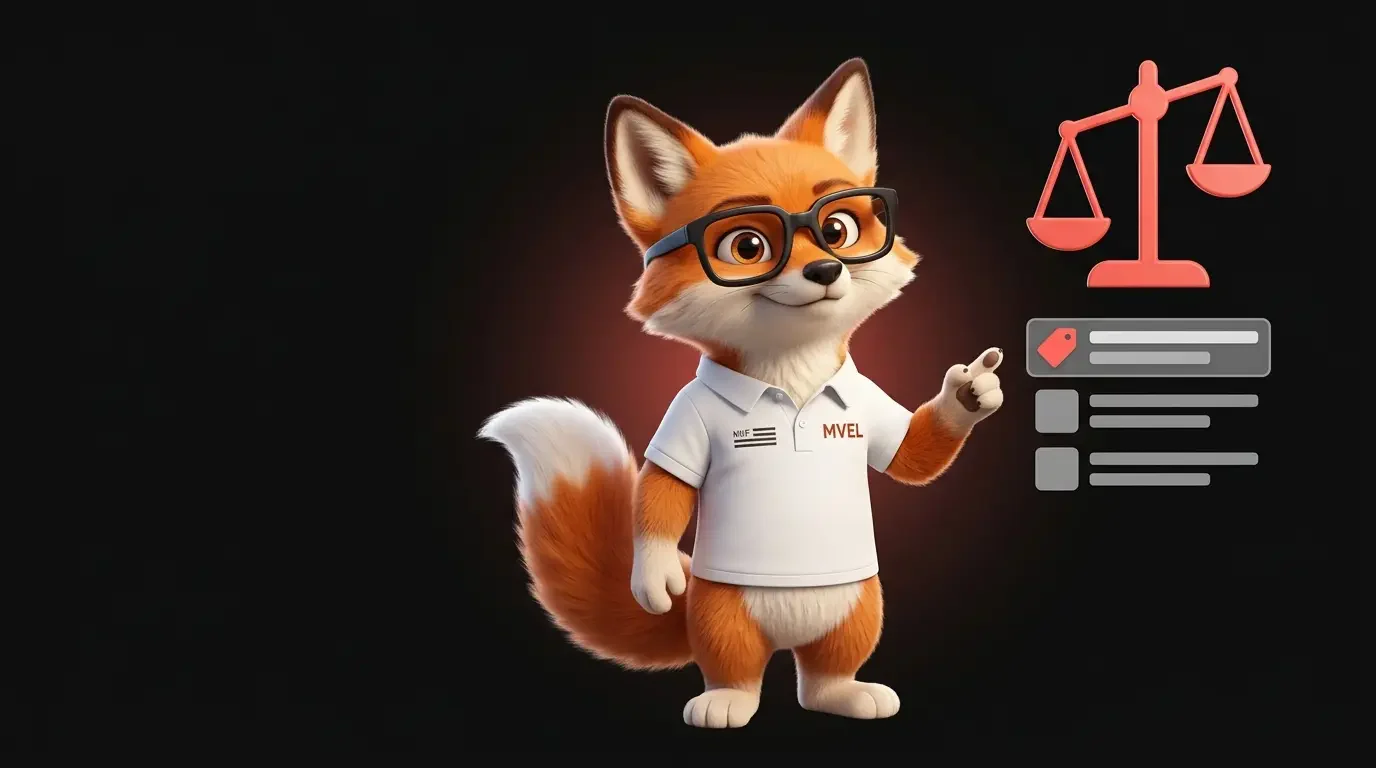 La mascotte renard de Ma Vitrine En Ligne à côté d'une balance et d'annonces