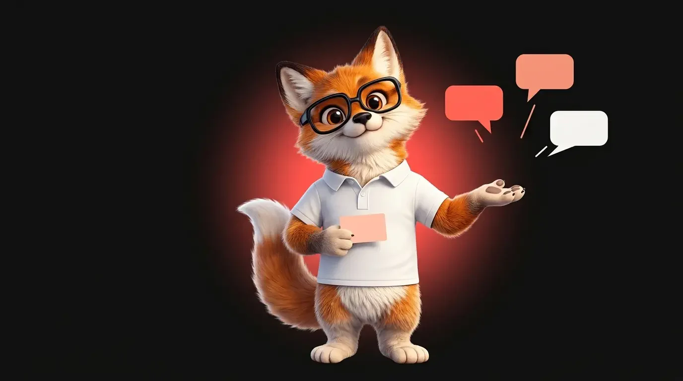 La mascotte renard de Ma Vitrine En Ligne entourée de bulles de conversation