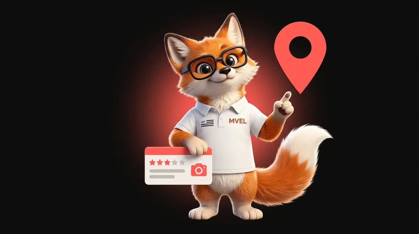 La mascotte renard de Ma Vitrine En Ligne entre un repère de carte et une fiche avec des étoiles