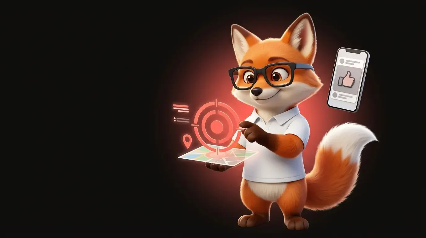 La mascotte renard de Ma Vitrine En Ligne pointe une cible, un smartphone à côté