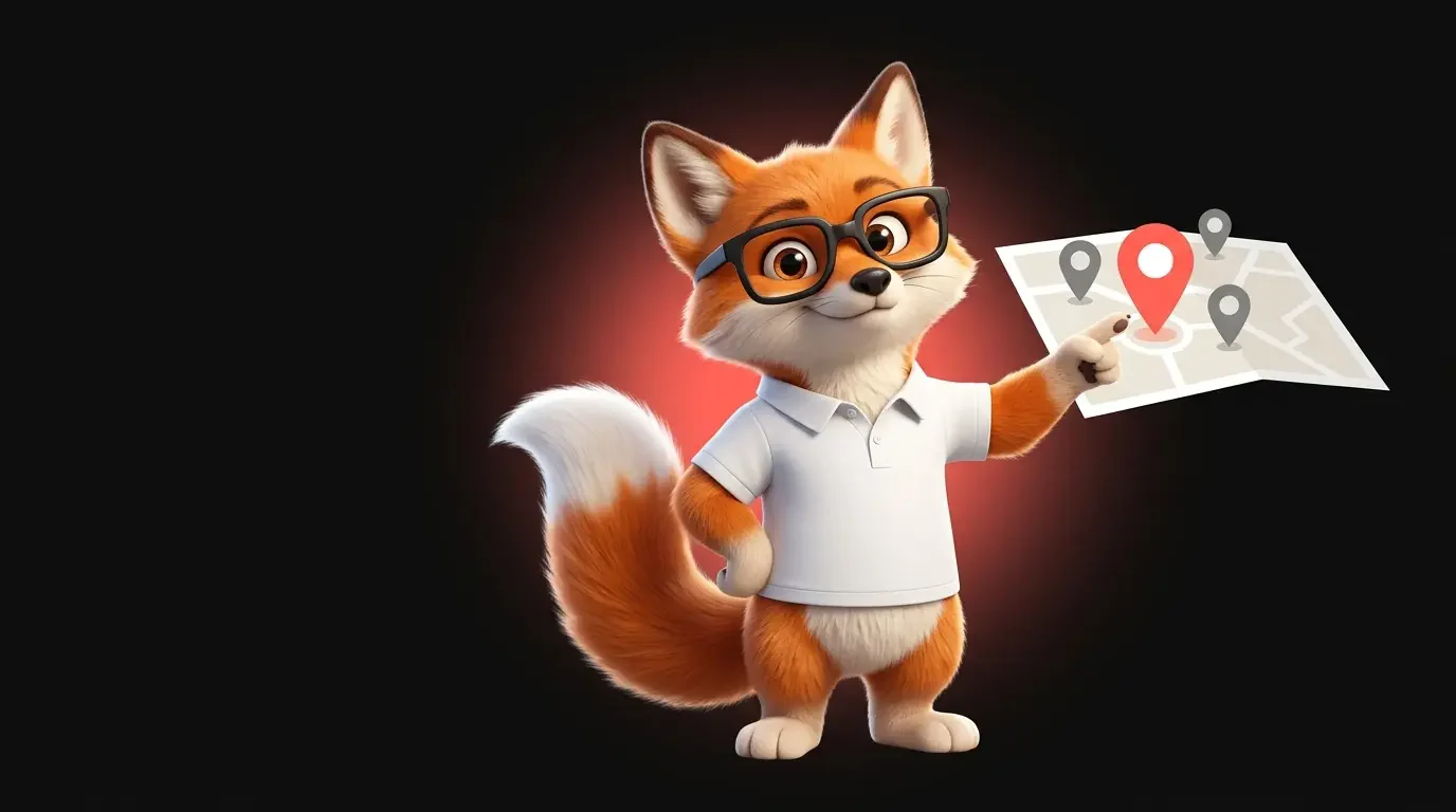 La mascotte renard de Ma Vitrine En Ligne tient une carte avec des repères de lieux