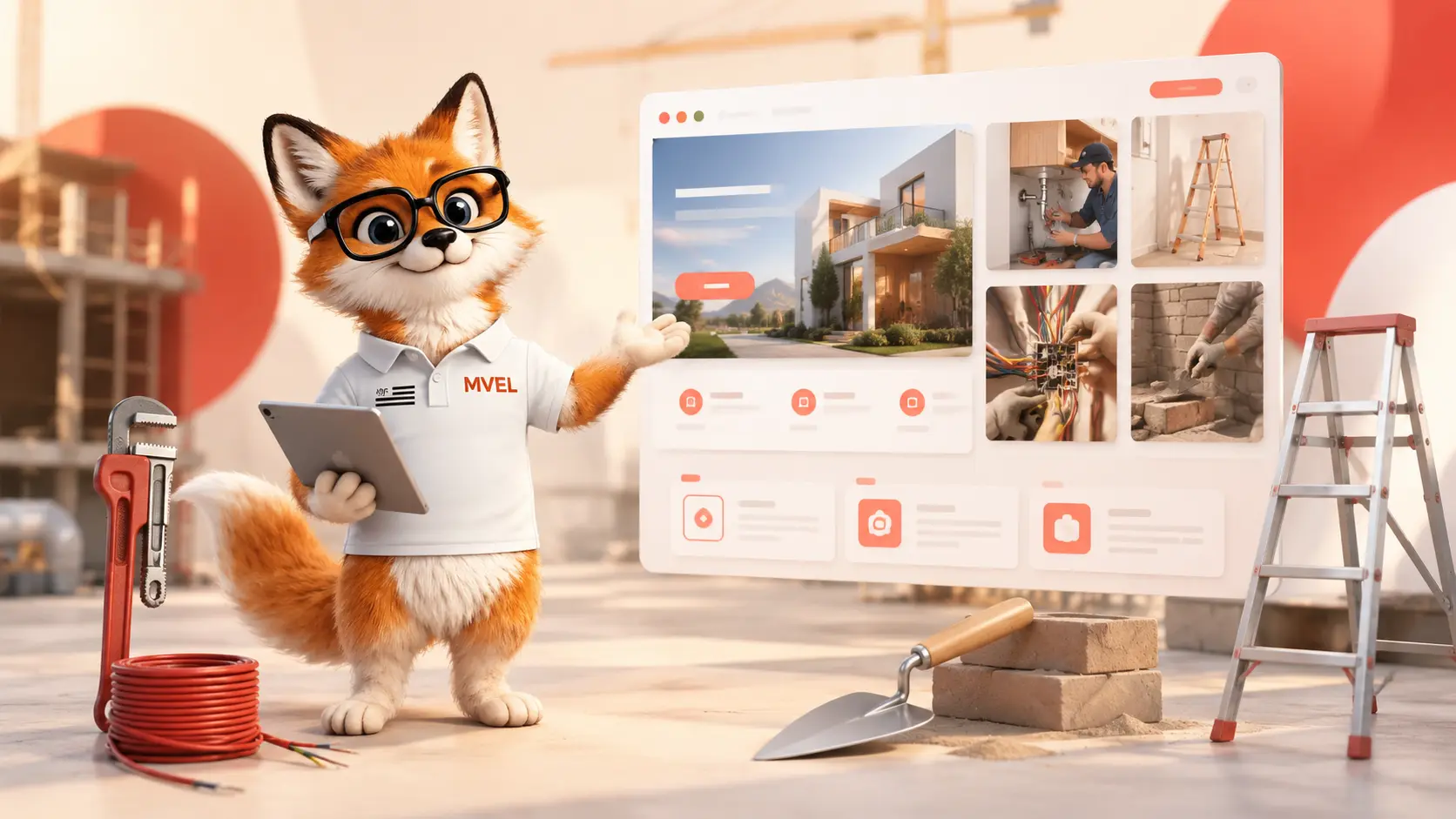 Le renard MVEL entouré des outils des métiers du bâtiment devant un site internet