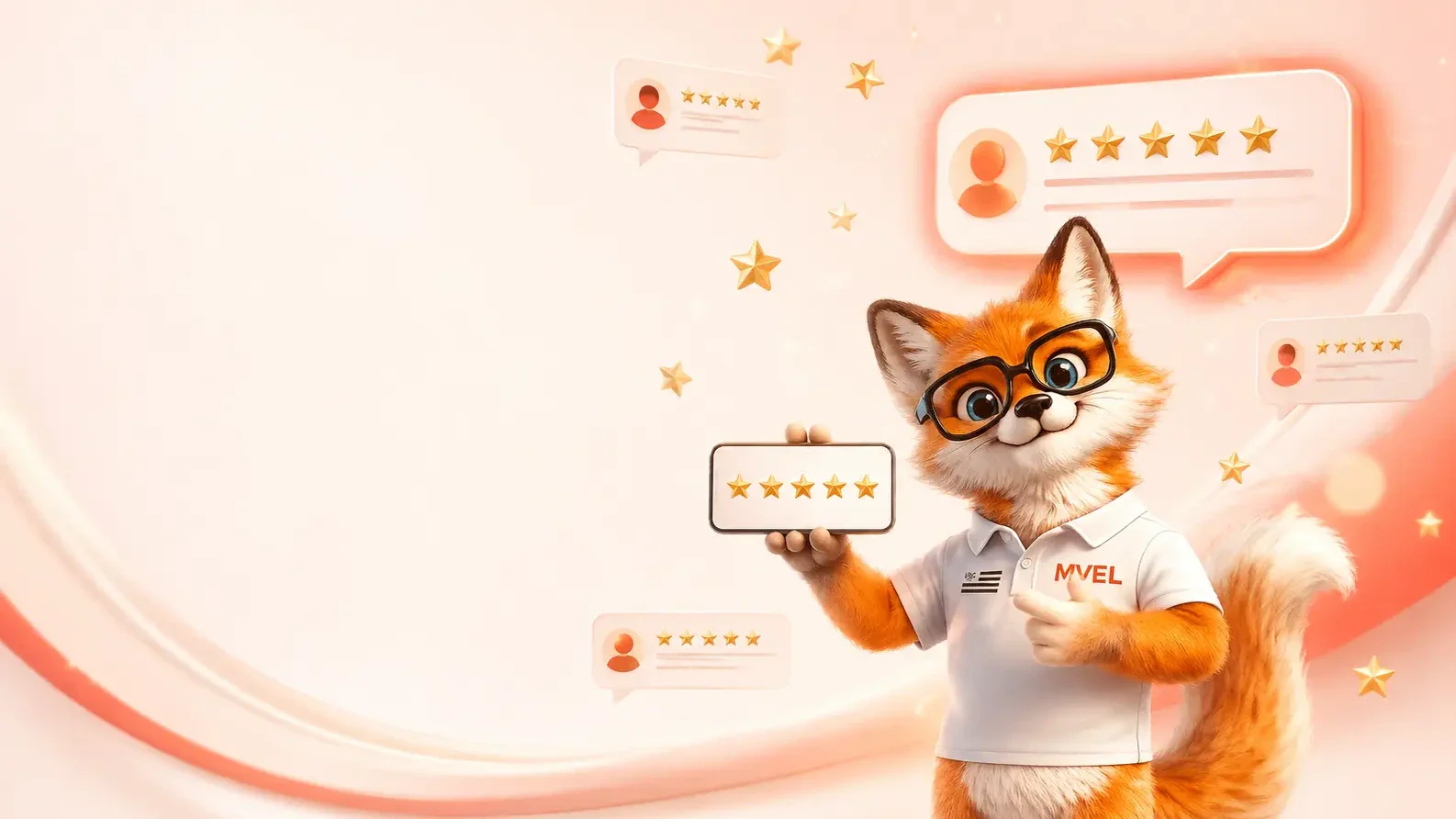 La mascotte renard de Ma Vitrine En Ligne tient une carte cinq étoiles entourée de bulles d'avis