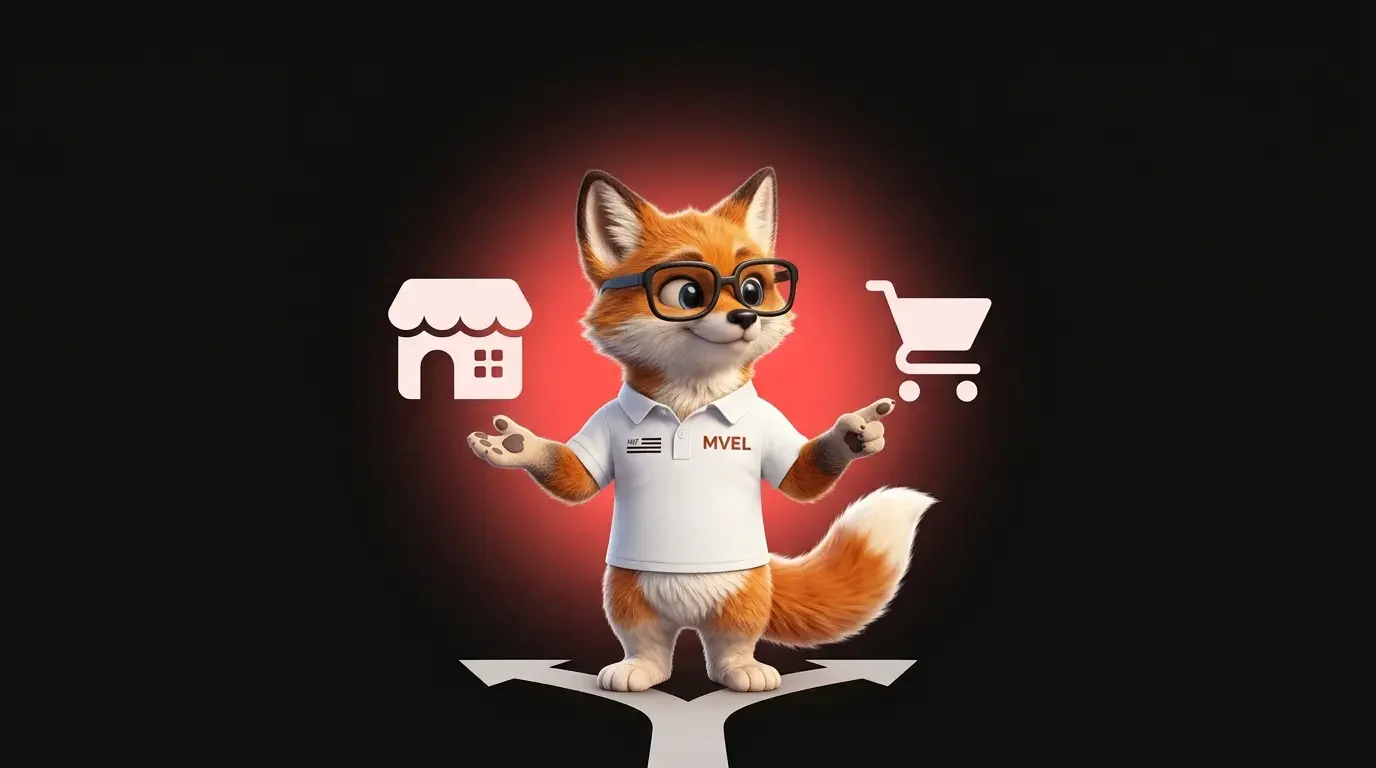 La mascotte renard de Ma Vitrine En Ligne à un carrefour entre une boutique et un chariot