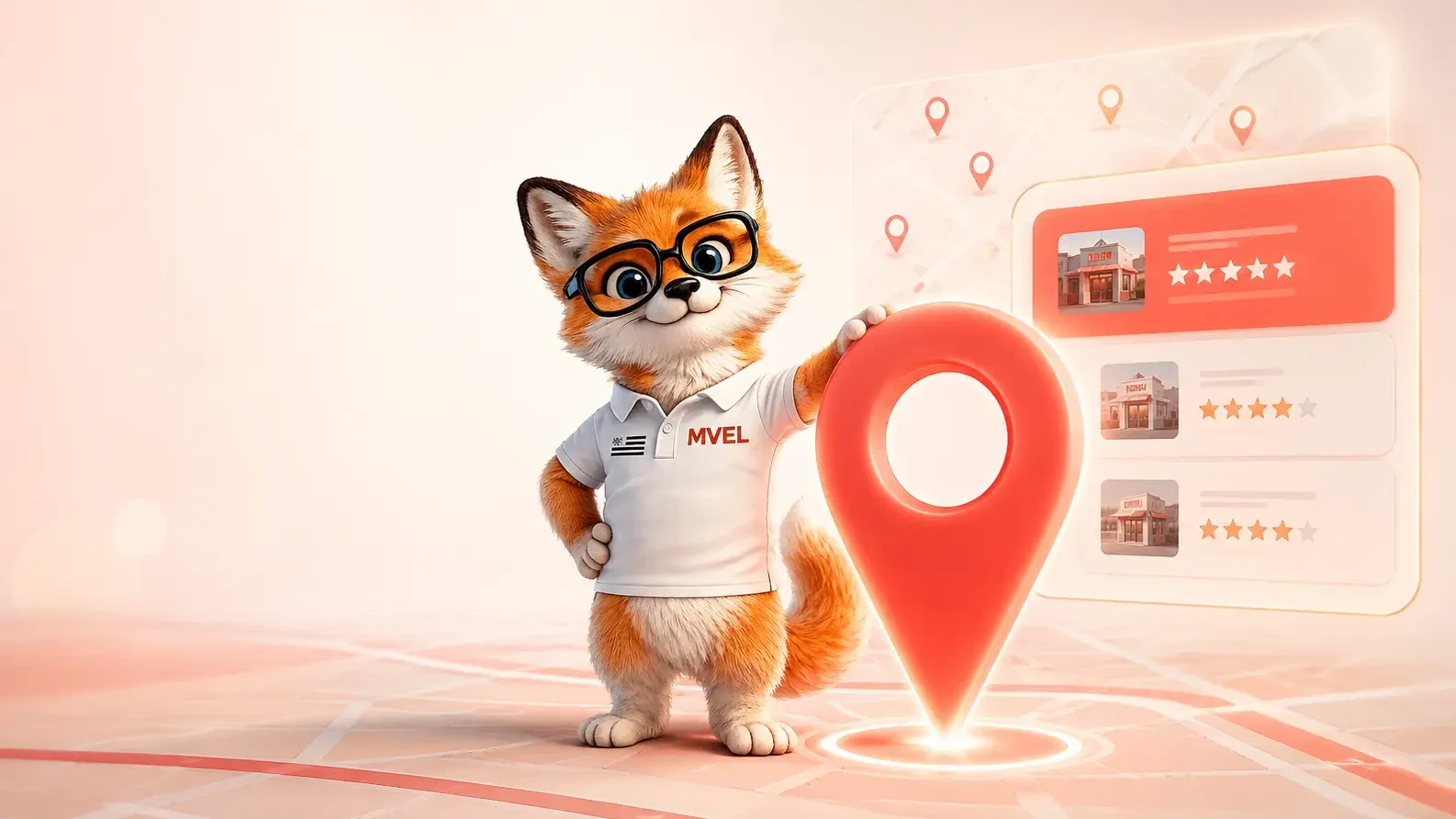 La mascotte renard de Ma Vitrine En Ligne à côté d'un grand repère de carte et de fiches d'établissements