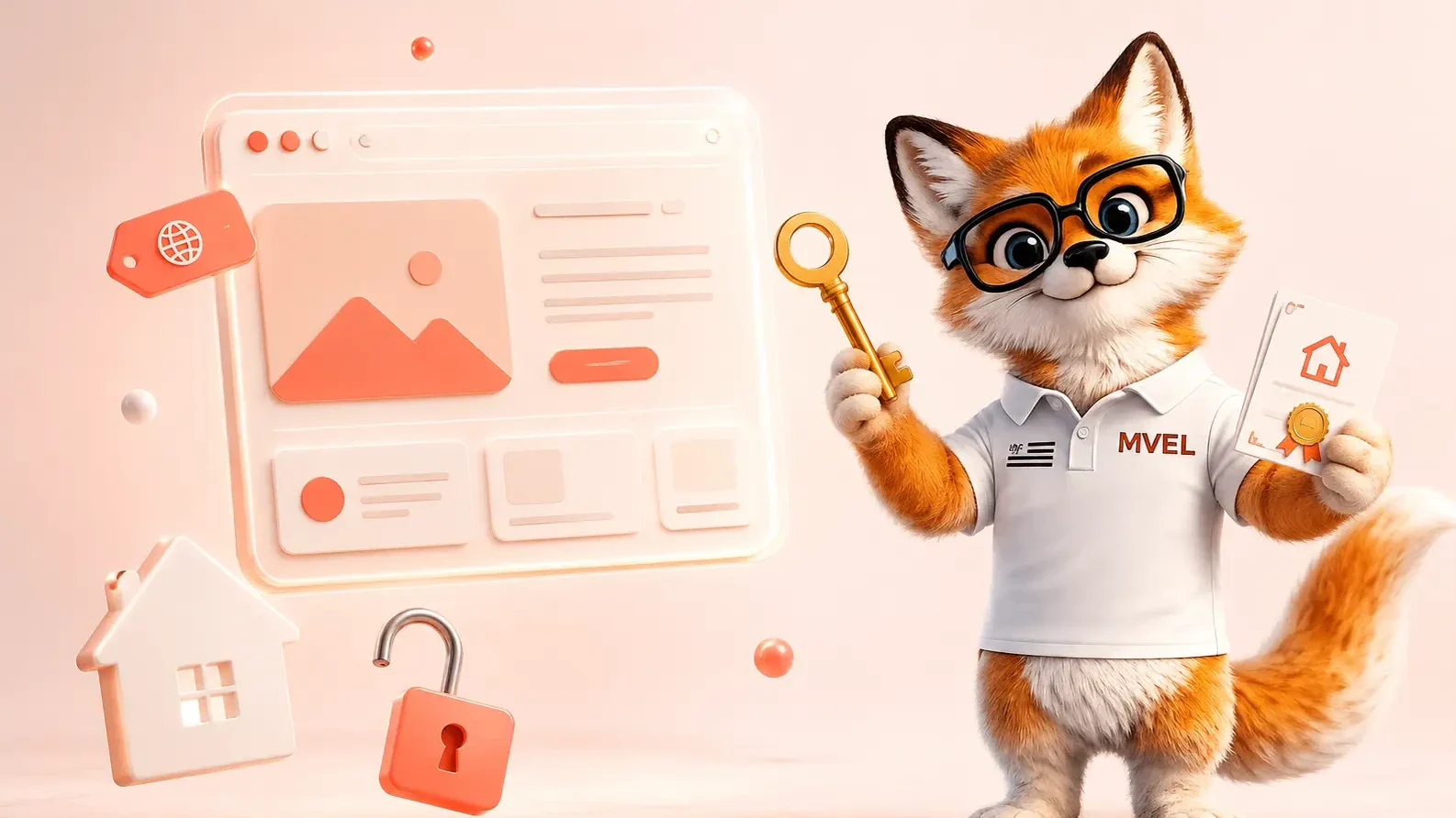 La mascotte renard de Ma Vitrine En Ligne tient une clé devant la maquette d'un site et un cadenas ouvert