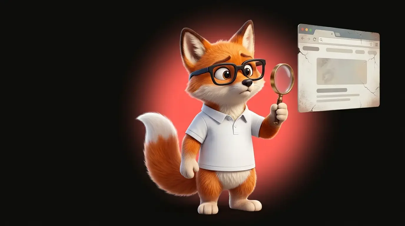 La mascotte renard de Ma Vitrine En Ligne examine une ancienne page web à la loupe