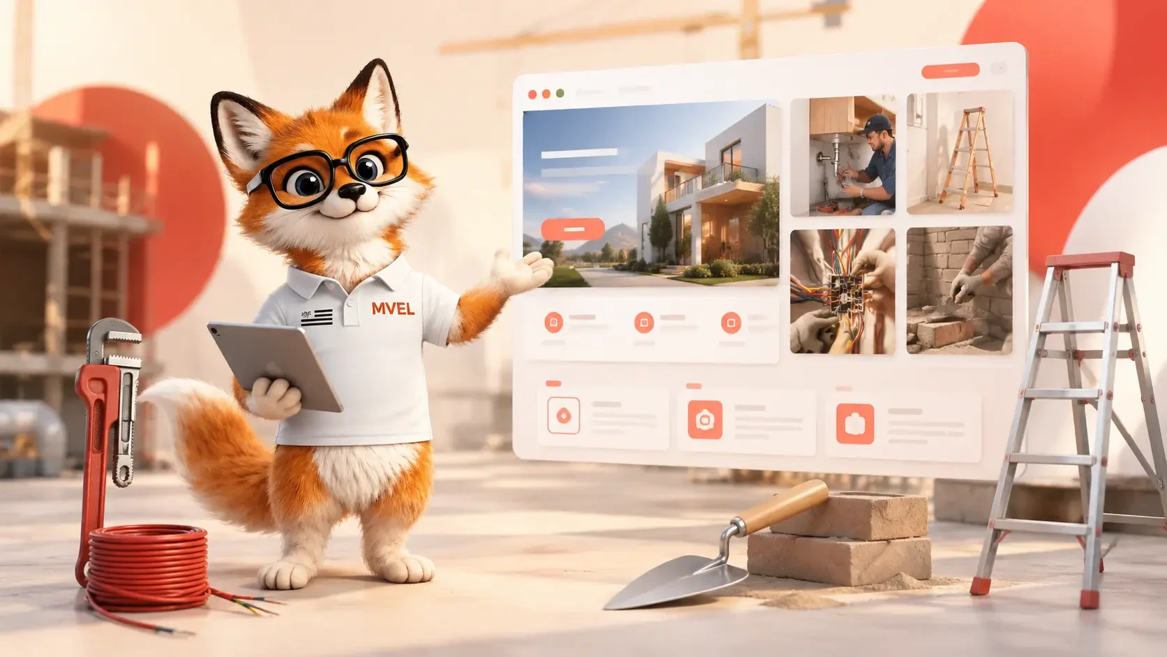La mascotte renard de Ma Vitrine En Ligne présente un site d'artisan du bâtiment, entourée d'outils de chantier