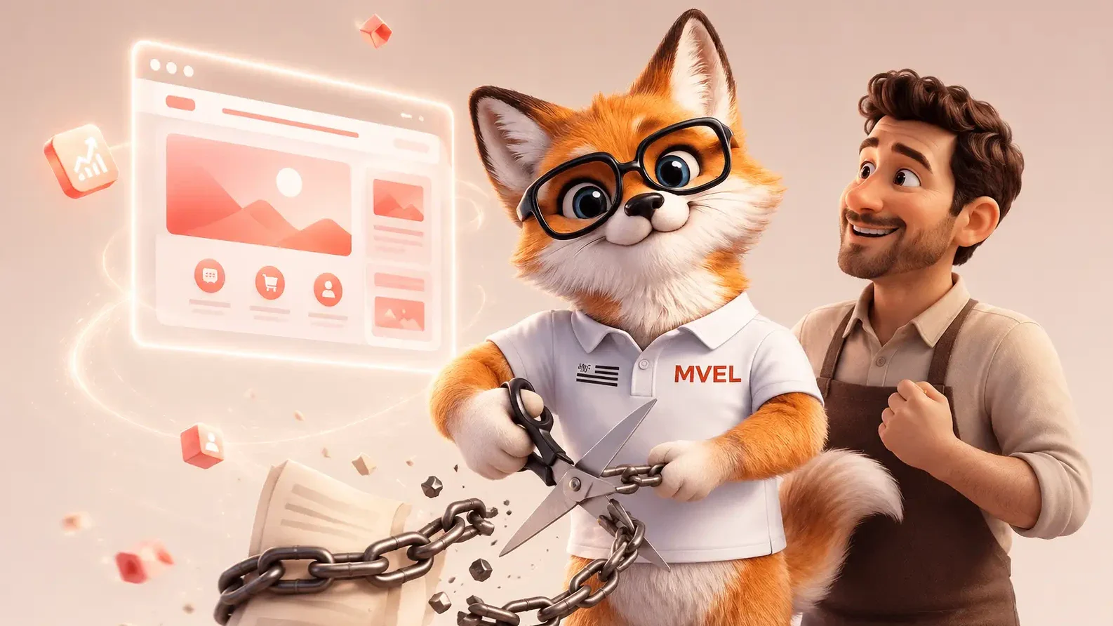 La mascotte renard de Ma Vitrine En Ligne coupe une chaîne à côté d'un artisan souriant