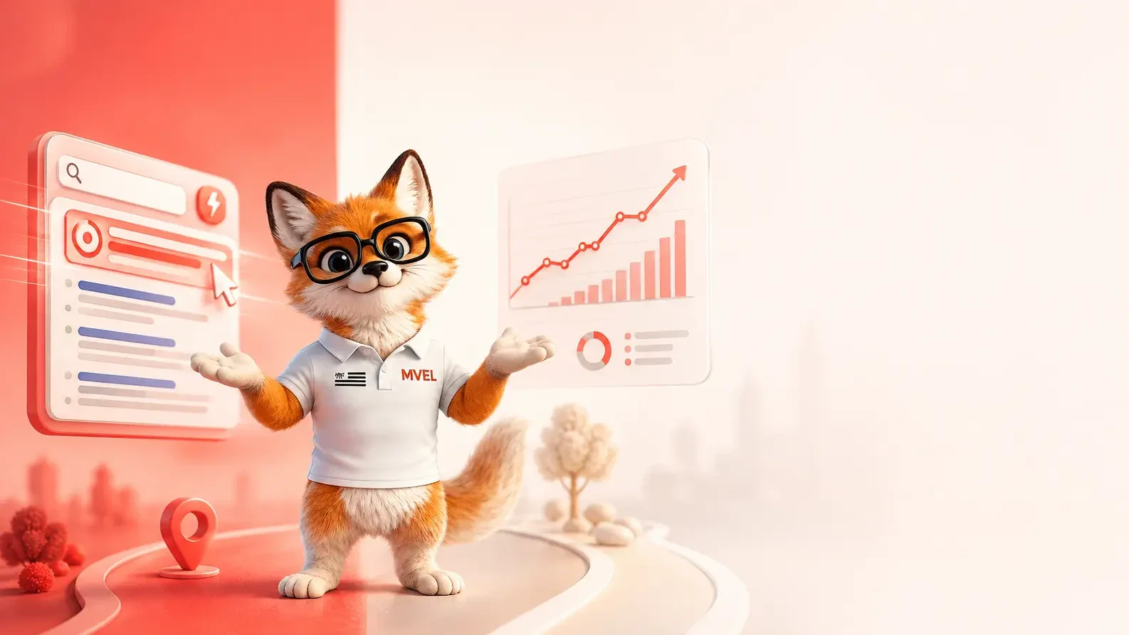La mascotte renard de Ma Vitrine En Ligne entre une page de résultats de recherche et un graphique en hausse