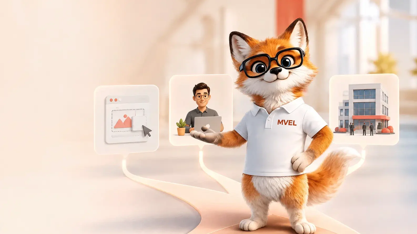 La mascotte renard de Ma Vitrine En Ligne devant trois vignettes : un site, un indépendant et une agence