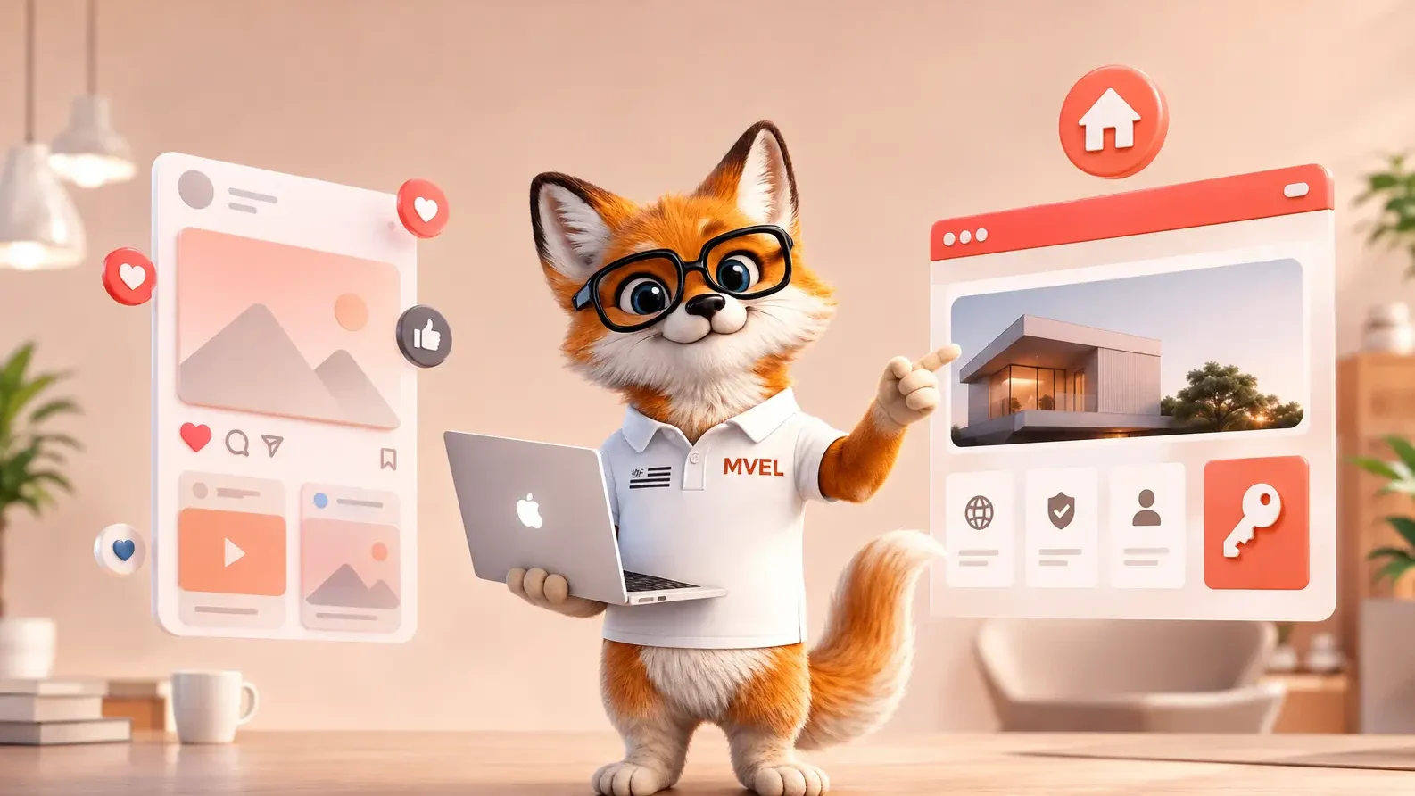 La mascotte renard de Ma Vitrine En Ligne entre une page de réseau social et un site internet