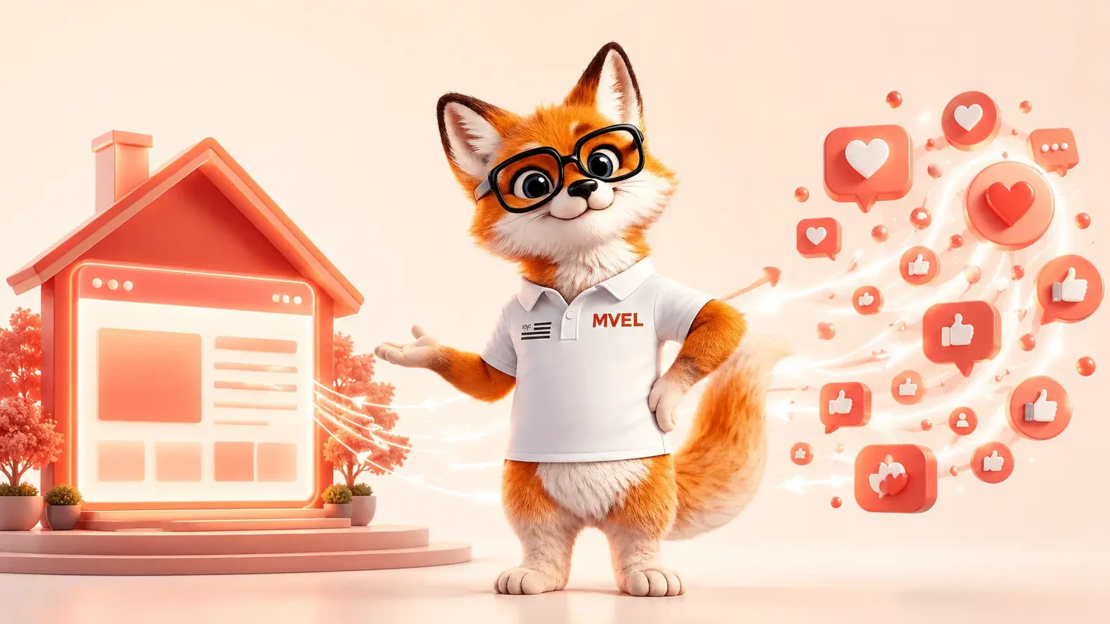 La mascotte renard de Ma Vitrine En Ligne entre un site internet en forme de maison et un flot de mentions j'aime