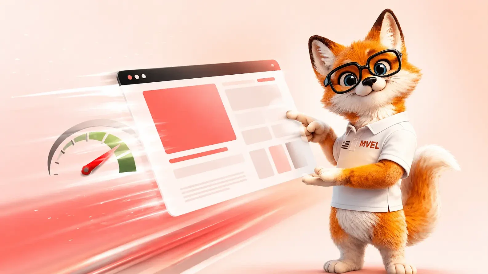 La mascotte renard de Ma Vitrine En Ligne devant une page web en mouvement et un compteur de vitesse