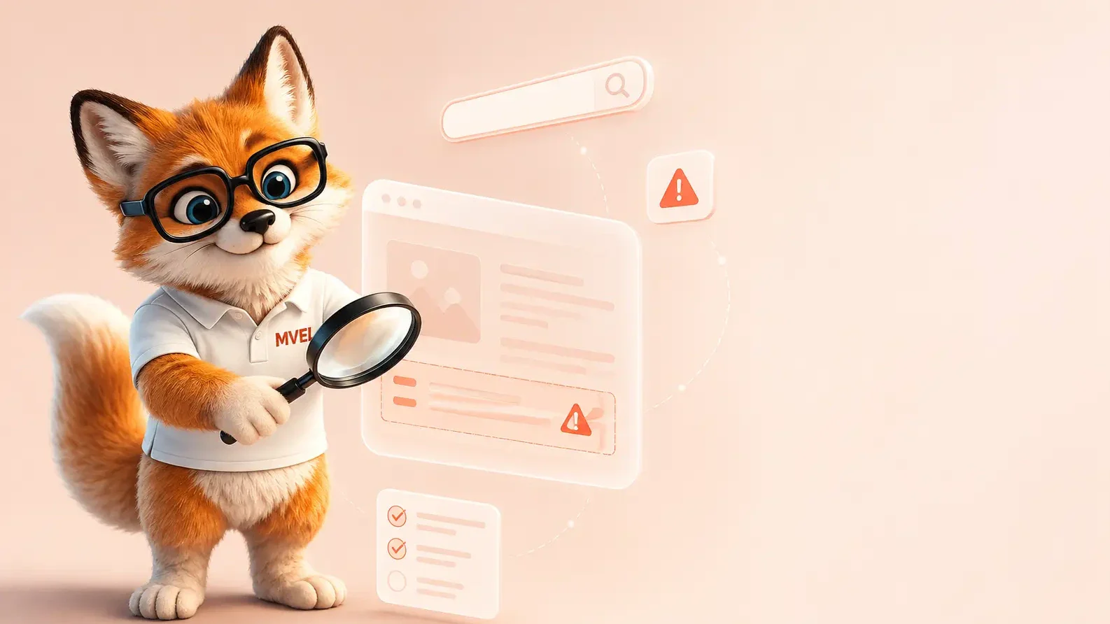 La mascotte renard de Ma Vitrine En Ligne inspecte une page web à la loupe, entourée de signaux d'alerte