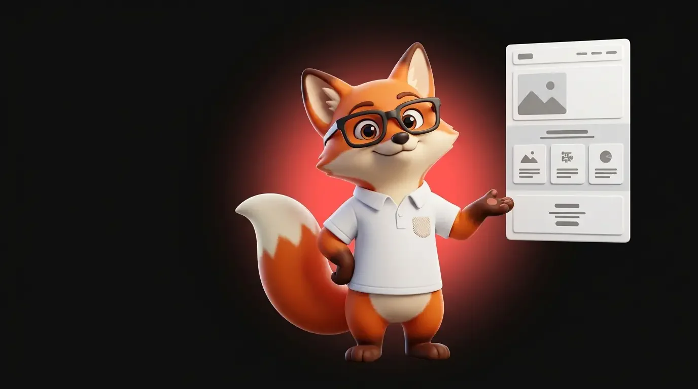 La mascotte renard de Ma Vitrine En Ligne présente la maquette d'une page de site vitrine