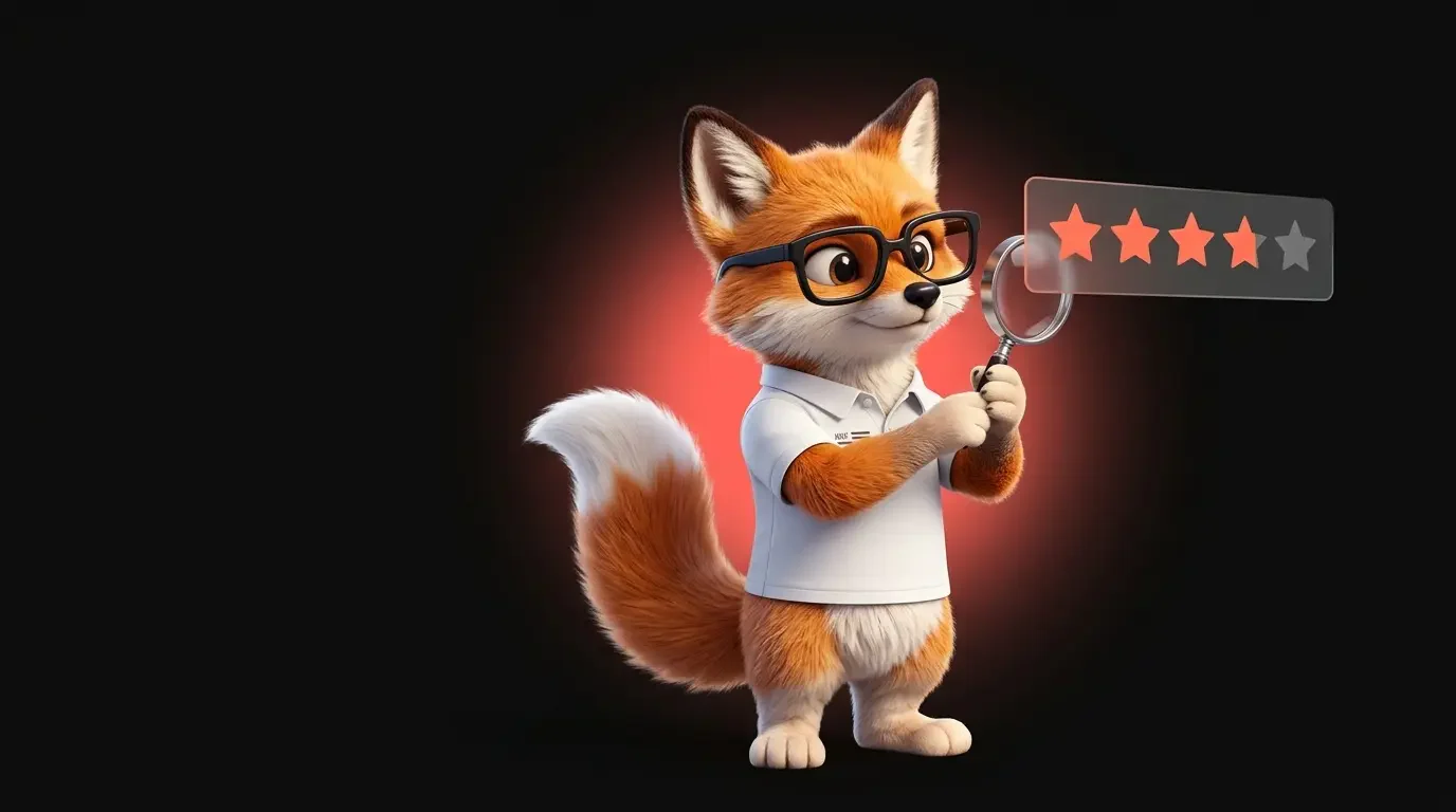 La mascotte renard de Ma Vitrine En Ligne examine des étoiles d'avis à la loupe