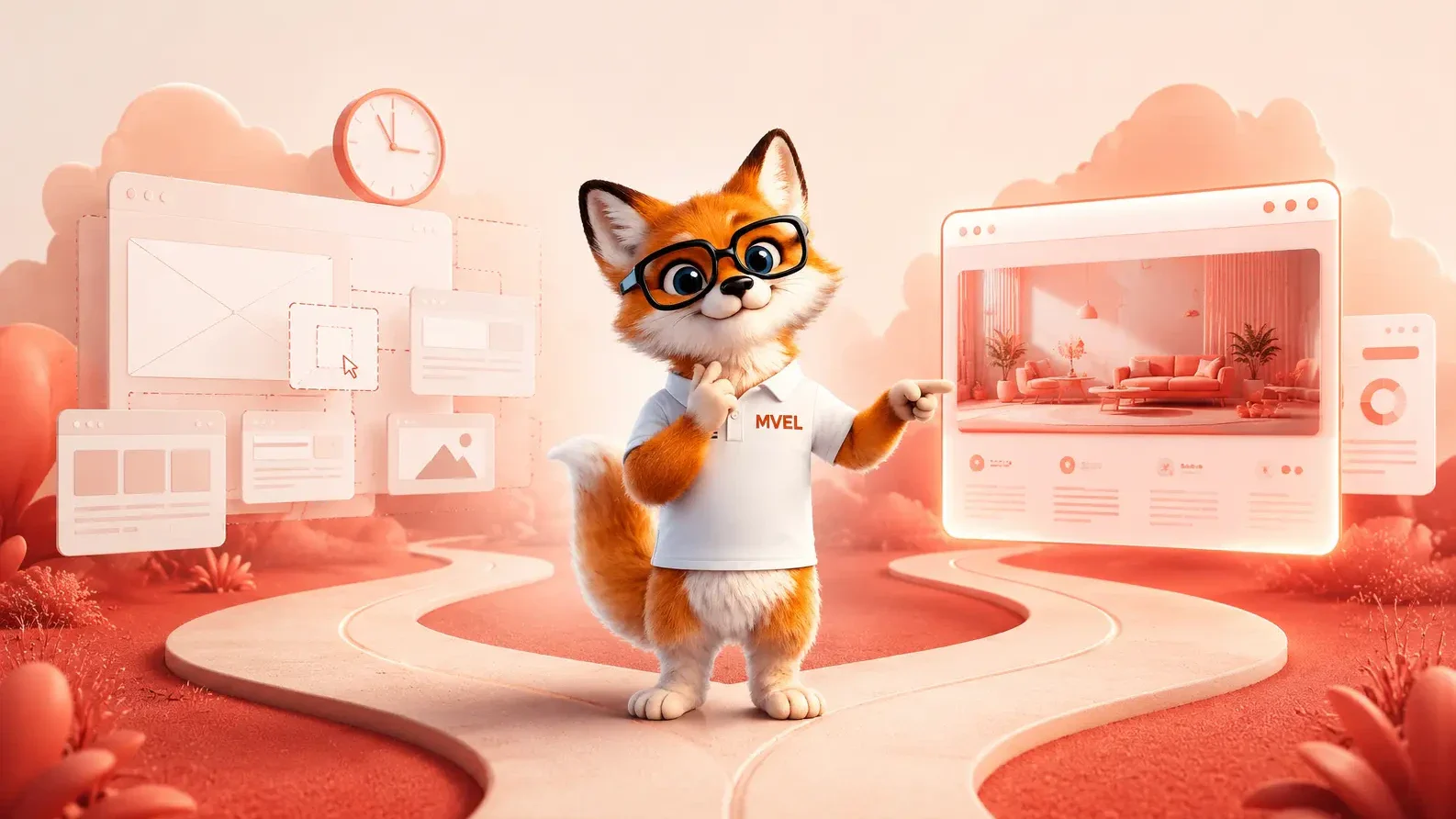 La mascotte renard de Ma Vitrine En Ligne au carrefour de deux chemins menant à des sites internet