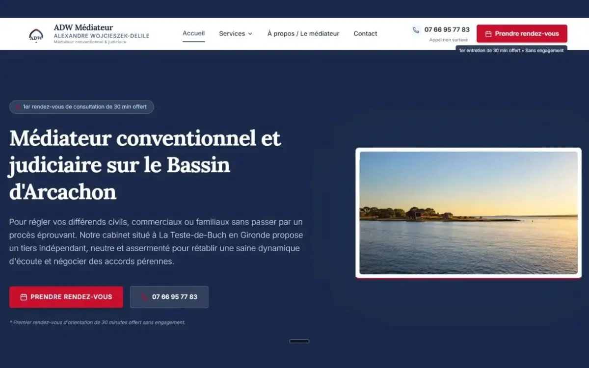 Page d'accueil du site d'ADW Médiateur sur le Bassin d'Arcachon