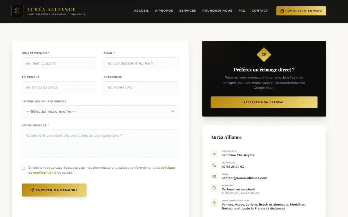 Formulaire de contact qualifiant et bloc réservation du site d'Auréa Alliance