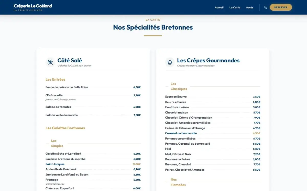 Page des spécialités bretonnes du site de la Crêperie Le Goéland