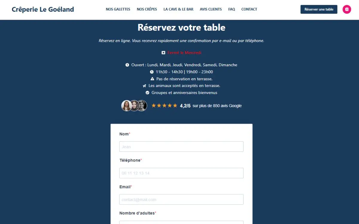 Module de réservation en ligne du site de la Crêperie Le Goéland