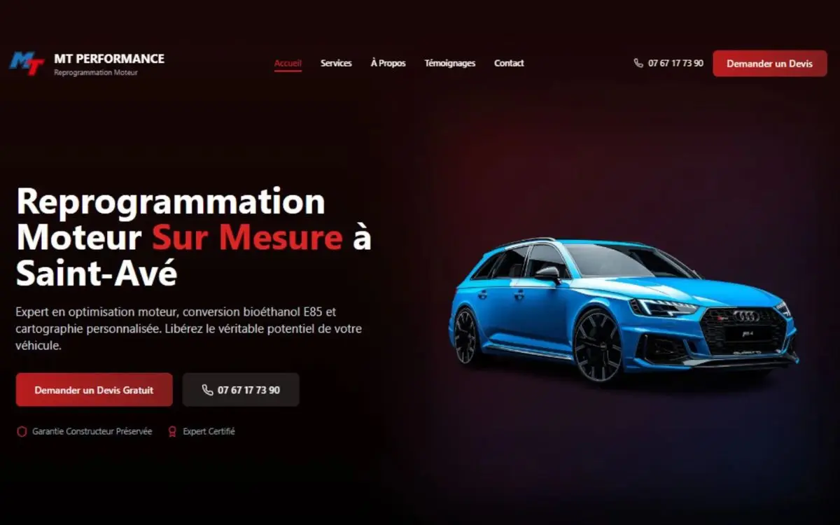 Page d'accueil du site de MT Performance, reprogrammation moteur à Saint-Avé