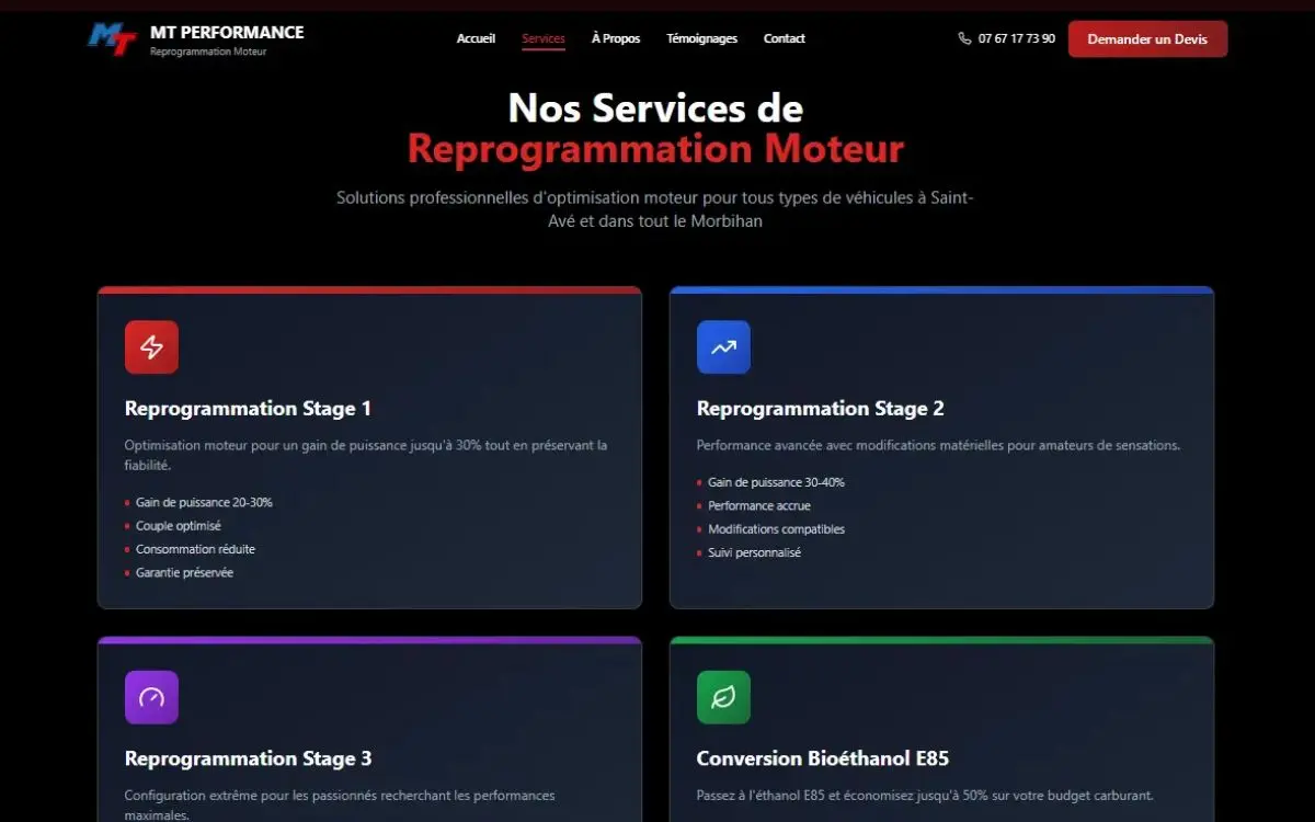 Section nos services de reprogrammation moteur du site de MT Performance