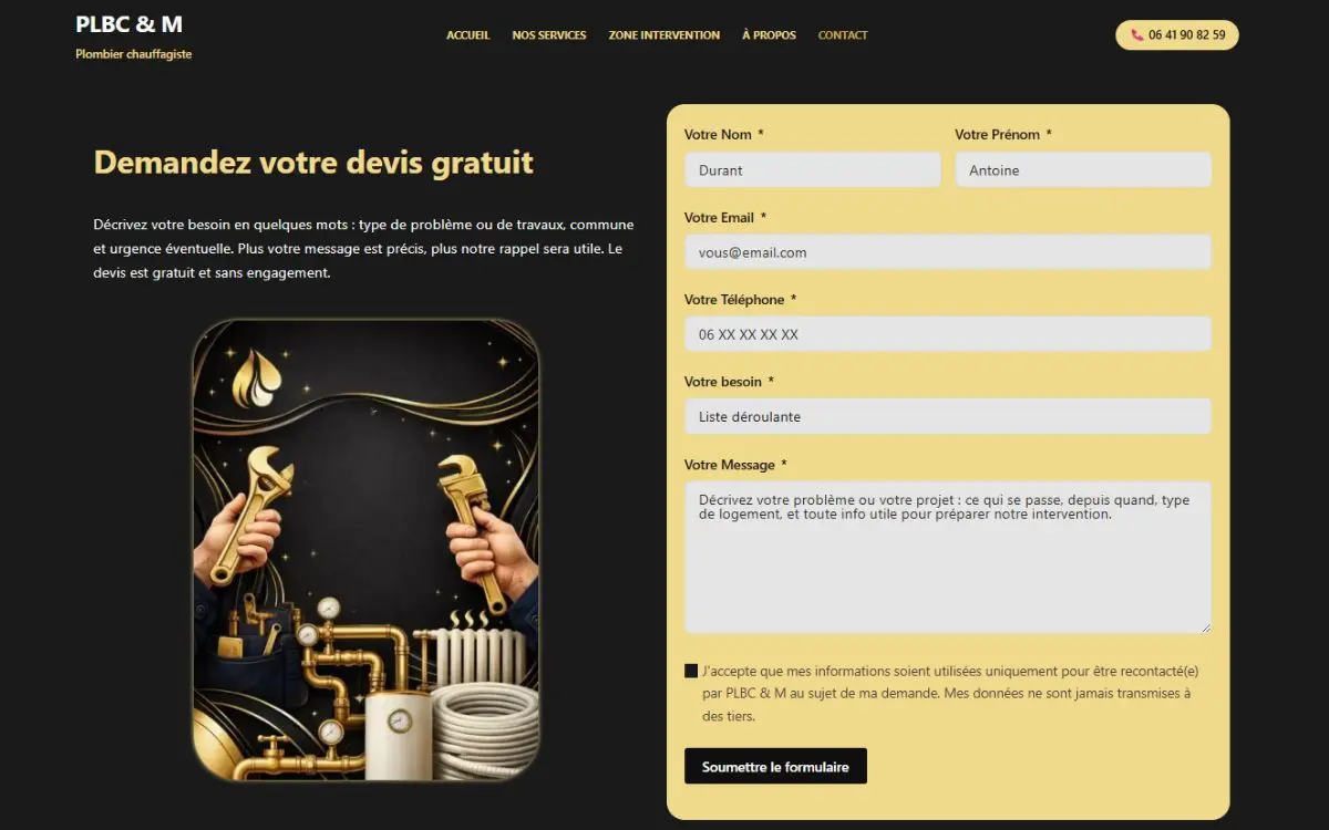 Section contact et devis du site de PLBC & M