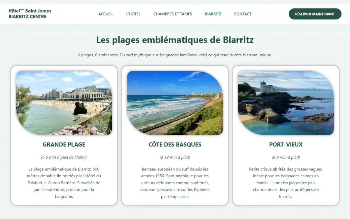 Page des plages emblématiques de Biarritz du site de l'Hôtel Saint James