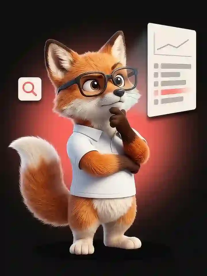 La mascotte renard de Ma Vitrine En Ligne, pensive, devant une liste de résultats