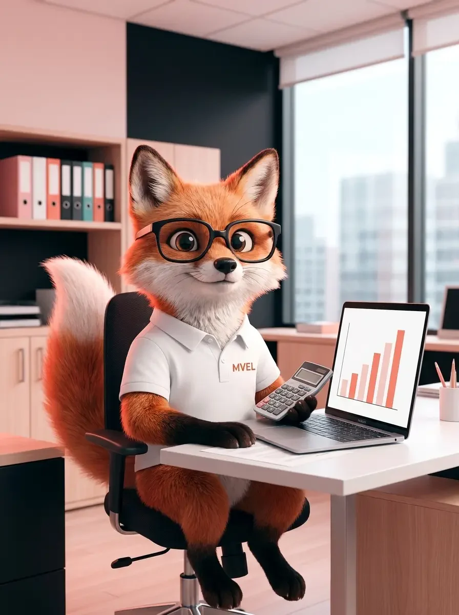 La mascotte renard de Ma Vitrine En Ligne à un bureau, une calculatrice à la main, devant un ordinateur qui affiche des graphiques
