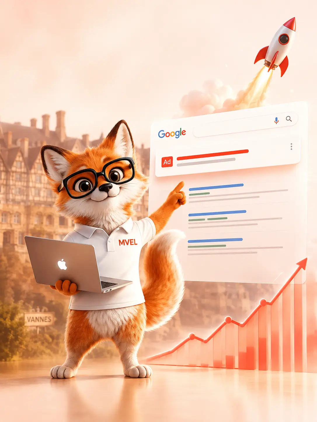 Publicité Google Ads à Vannes par le renard MVEL, en haut des résultats Google