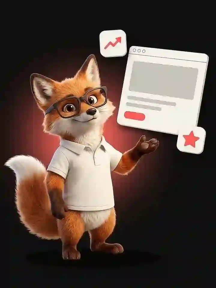 La mascotte renard de Ma Vitrine En Ligne présente une page de site internet sur fond noir