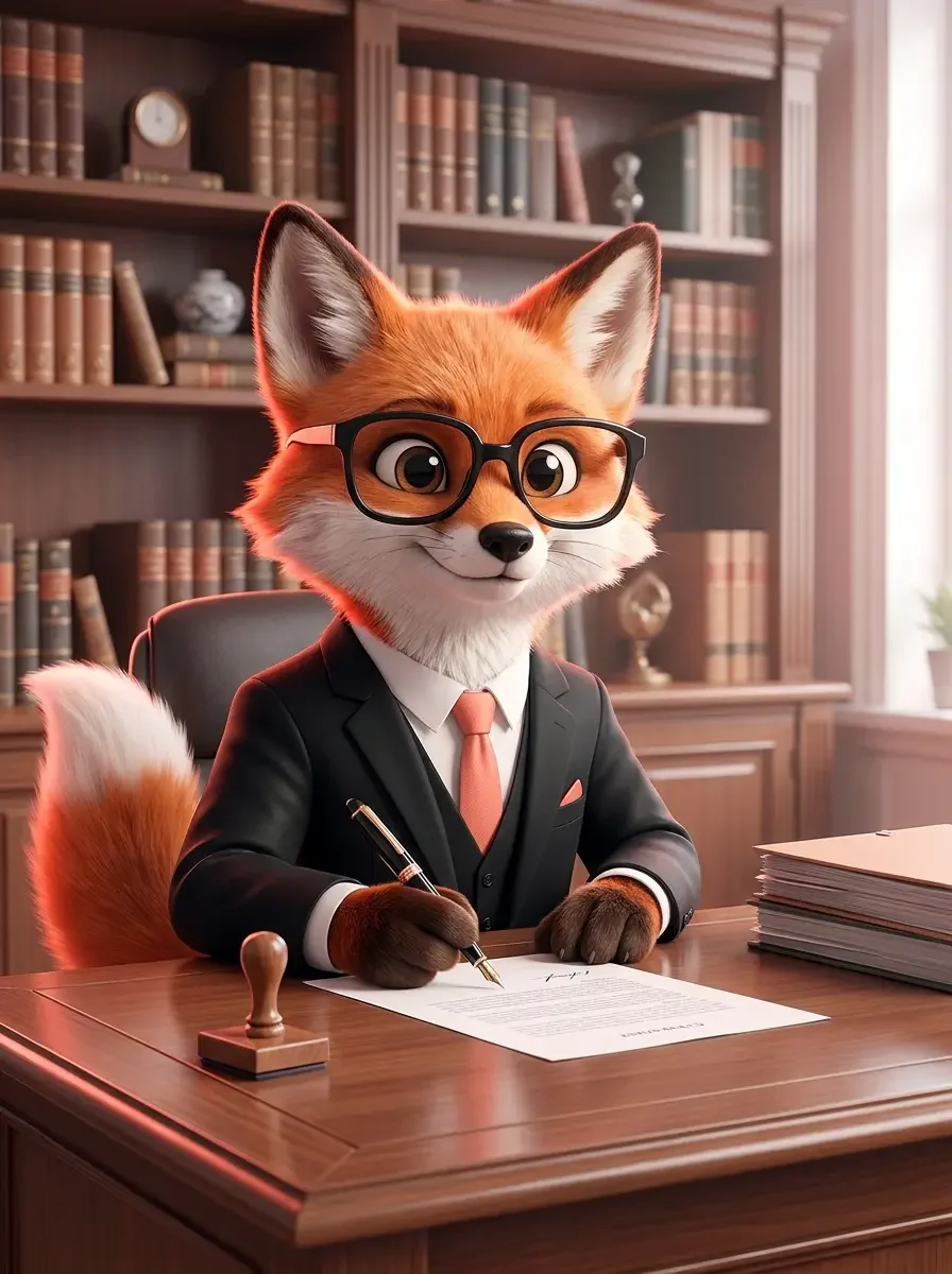 La mascotte renard de Ma Vitrine En Ligne en costume, signe un document à un bureau en bois, devant une bibliothèque