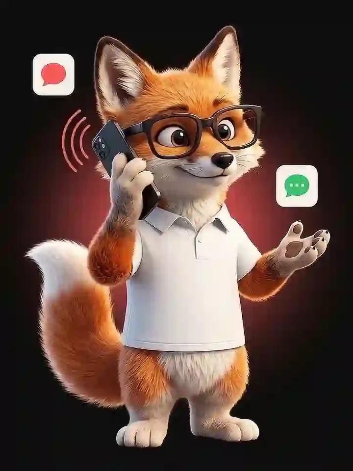 La mascotte renard de Ma Vitrine En Ligne au téléphone, entourée de bulles de message