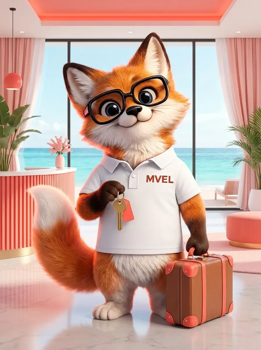 La mascotte renard de Ma Vitrine En Ligne en hôte d'accueil d'un hôtel en bord de mer, une clé de chambre à la main et une valise à côté