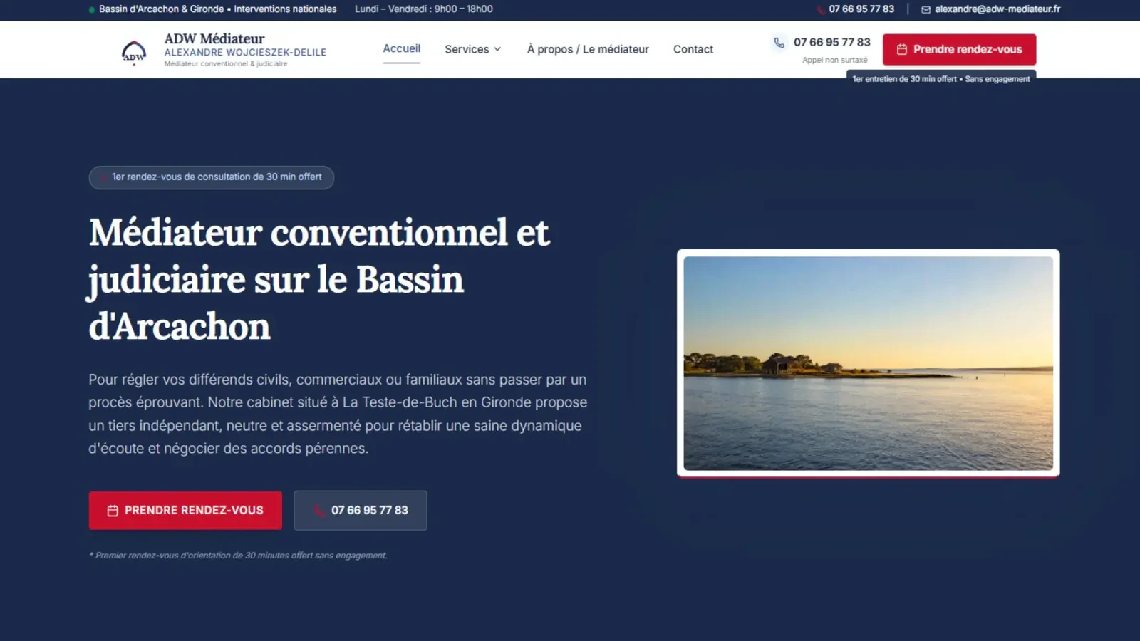 Page d'accueil du site d'ADW Médiateur, médiateur à La Teste-de-Buch