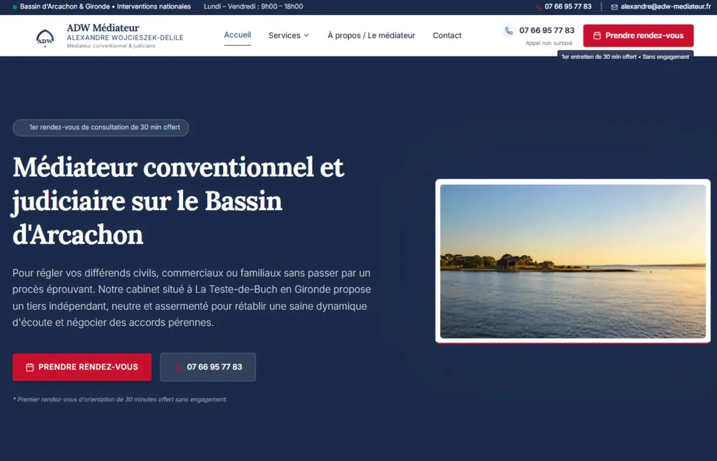 Page d'accueil du site d'ADW Médiateur à La Teste-de-Buch