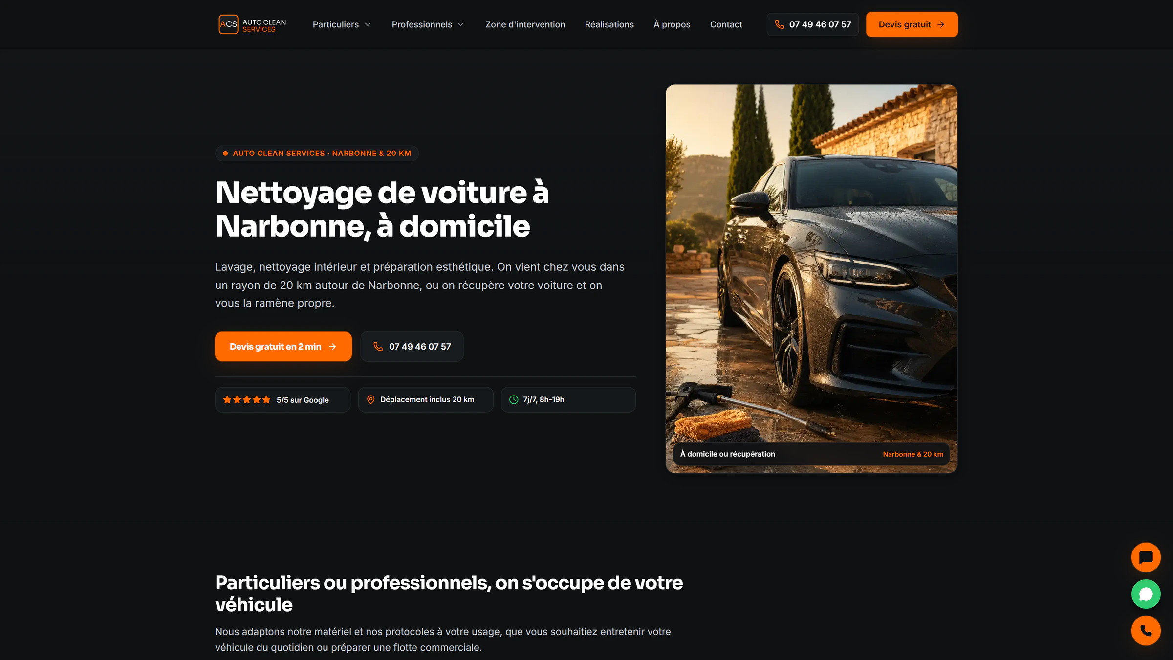 Page d'accueil du site d'Auto Clean Services, nettoyage automobile à domicile près de Narbonne
