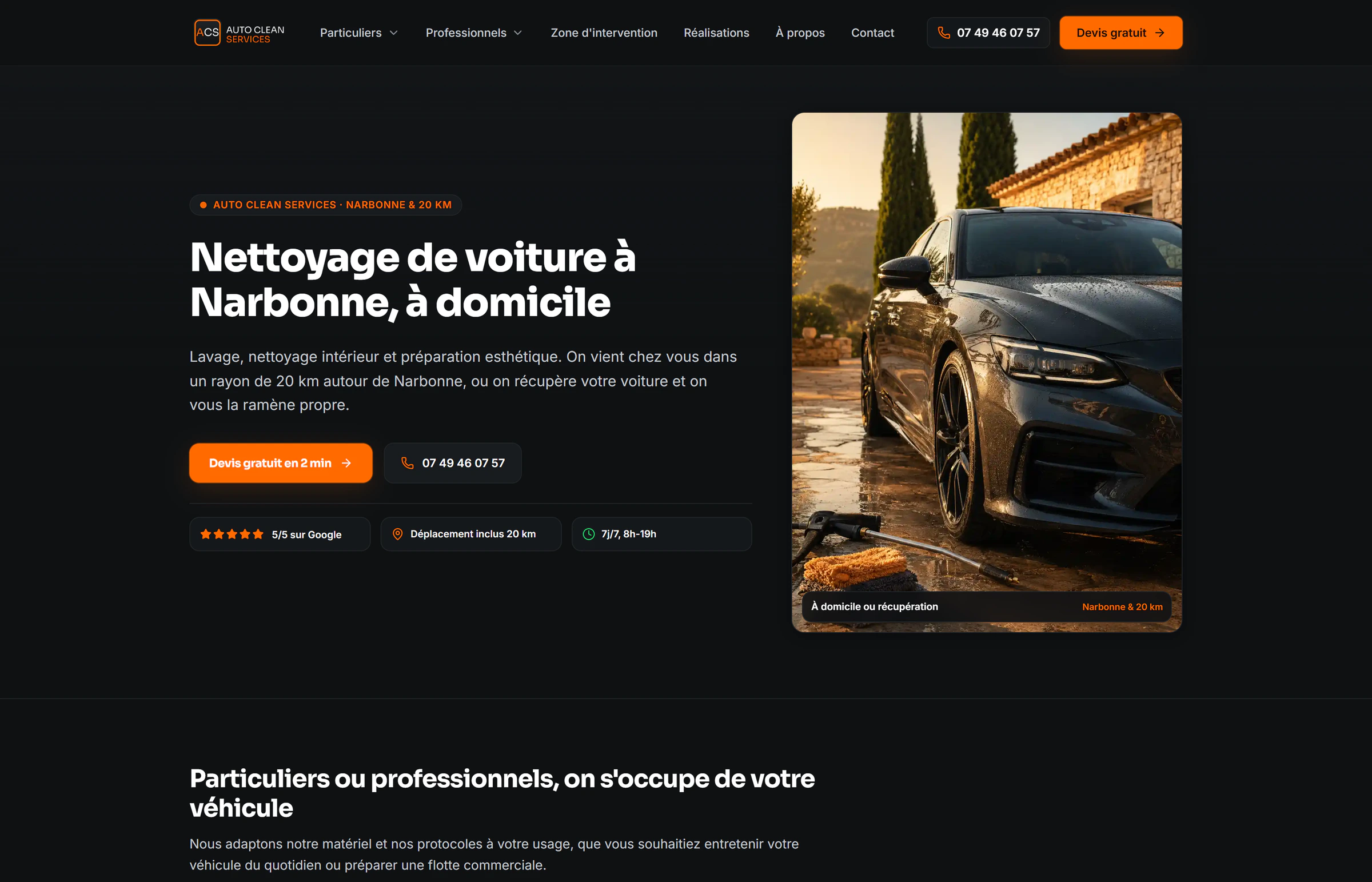 Page d'accueil du site d'Auto Clean Services, nettoyage automobile à domicile près de Narbonne