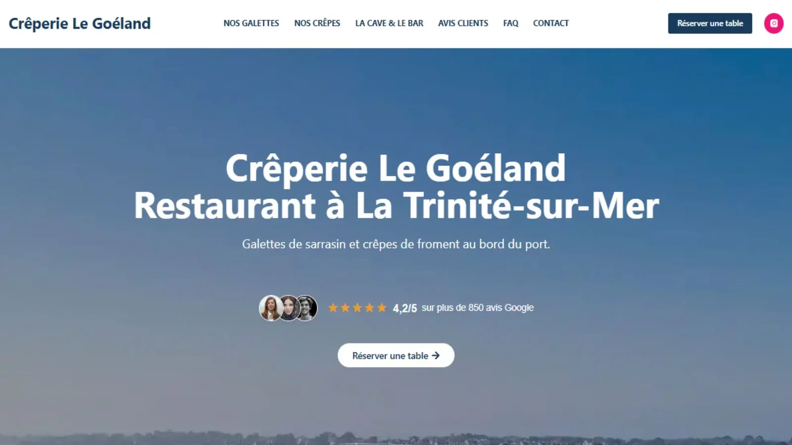 Page d'accueil du site de la Crêperie Le Goéland à La Trinité-sur-Mer