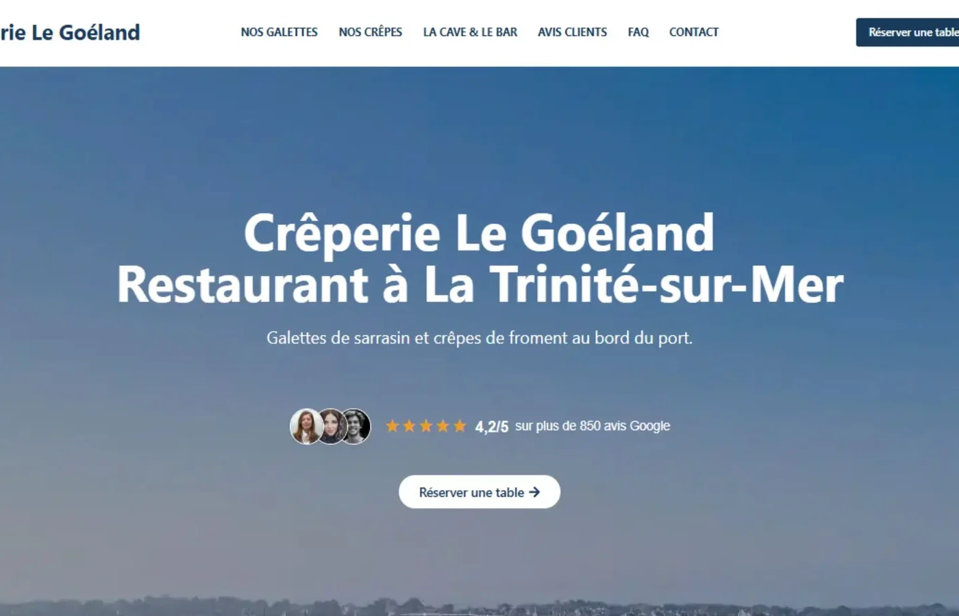 Page d'accueil du site de la Crêperie Le Goéland à La Trinité-sur-Mer