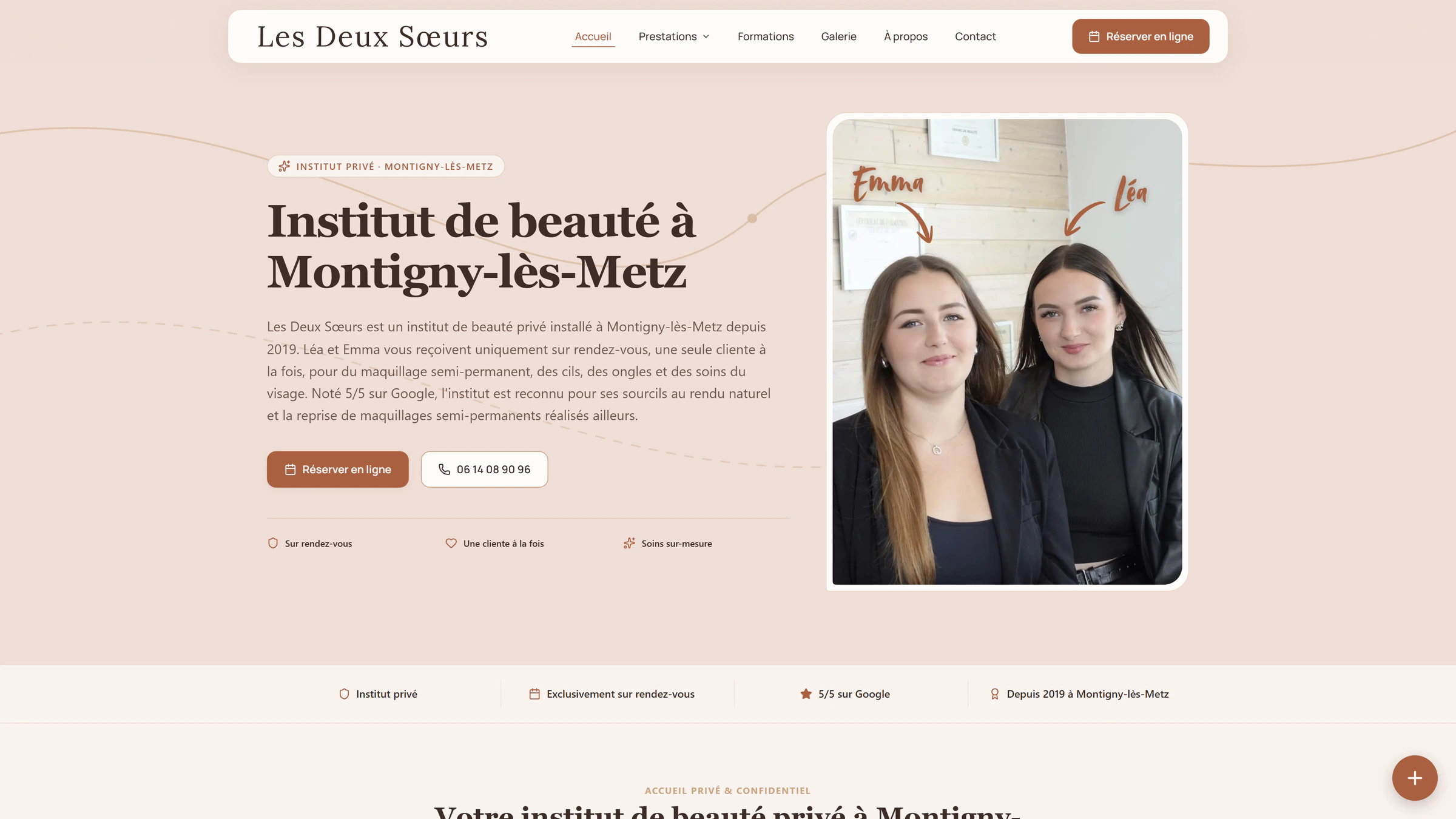 Page d'accueil du site de l'institut de beauté Les Deux Sœurs à Montigny-lès-Metz