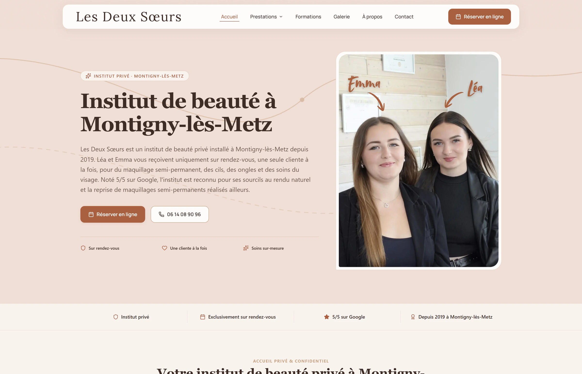 Page d'accueil du site de l'institut de beauté Les Deux Sœurs à Montigny-lès-Metz
